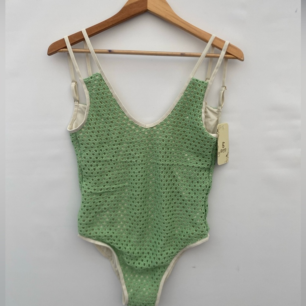 Guria Beachwear green & ivory one piece crochet swimsuit size XL NWT
